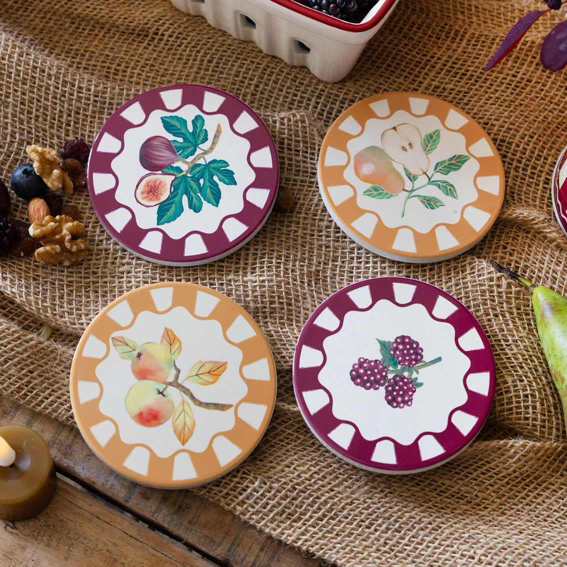 Autumnal Fruit Coasters - 20 Pack Display | Autumn Decor |