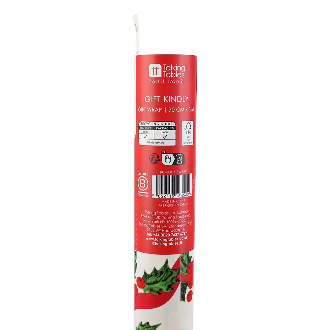 Holly Recycled Wrapping Paper - 3m - 16 Unit Display