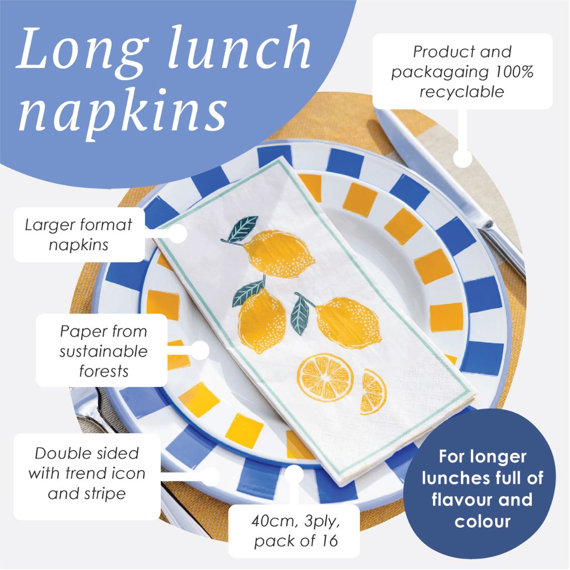 Lemon Long Lunch Paper Napkins - 8 Pack Display | Summer Napkins |