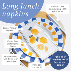 Lemon Long Lunch Paper Napkins - 8 Pack Display | Summer Napkins |