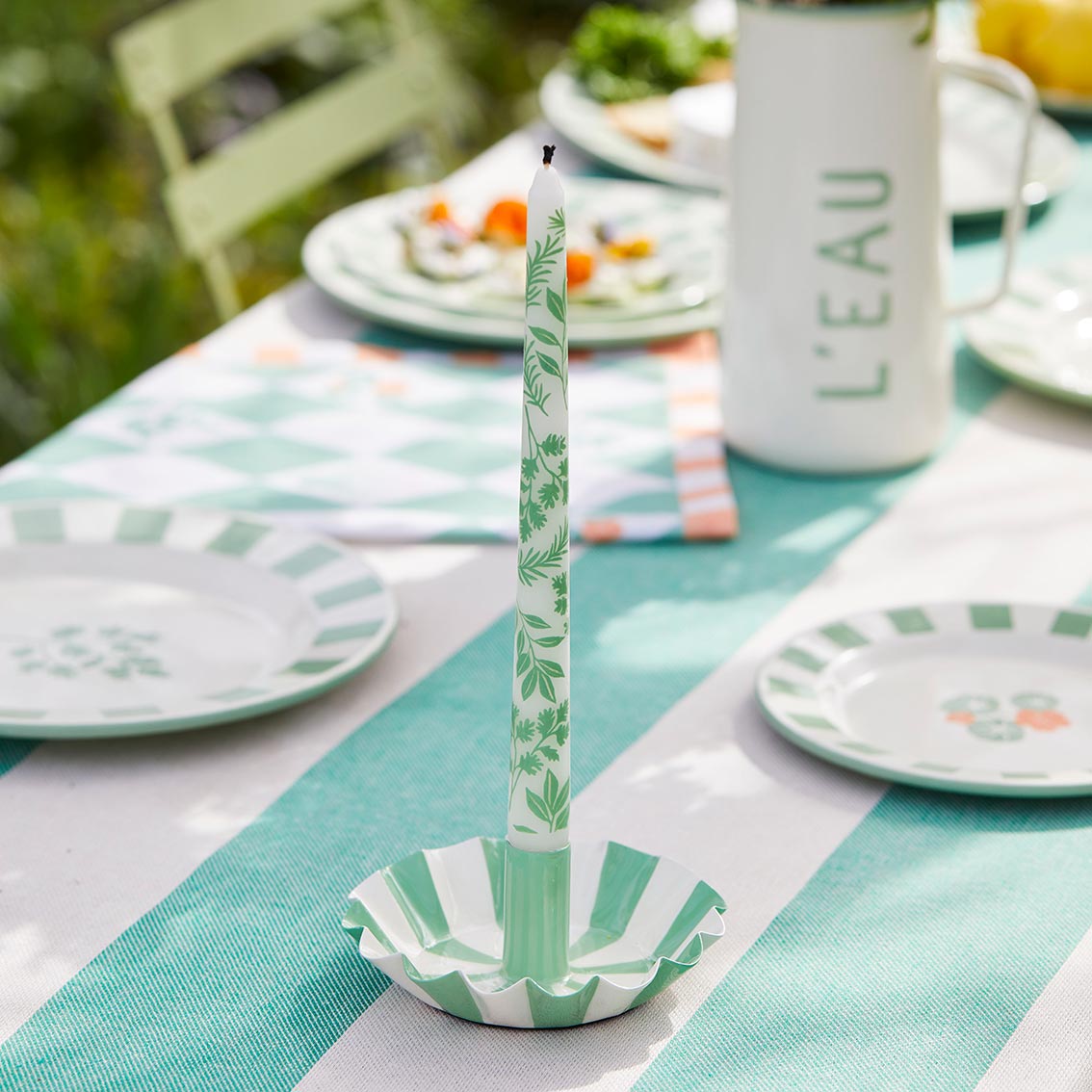 Green Stripe Metal Candle Holder | Summer Decor Gifts |
