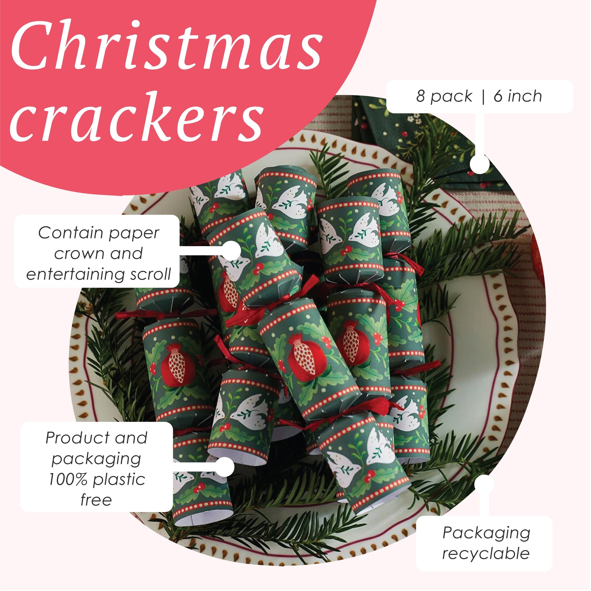 Green Mini Christmas Crackers - 8 Pack | Christmas Decor |