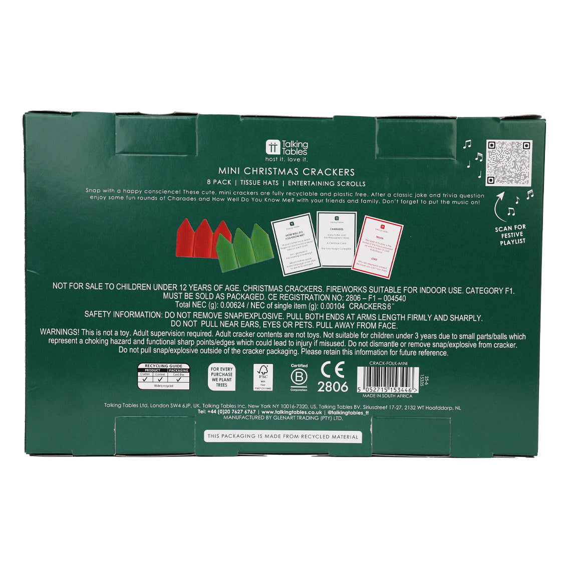 Green Mini Christmas Crackers - 8 Pack | Christmas Decor |