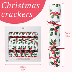 Holly White Christmas Crackers - 6 Pack |  Christmas Decor |