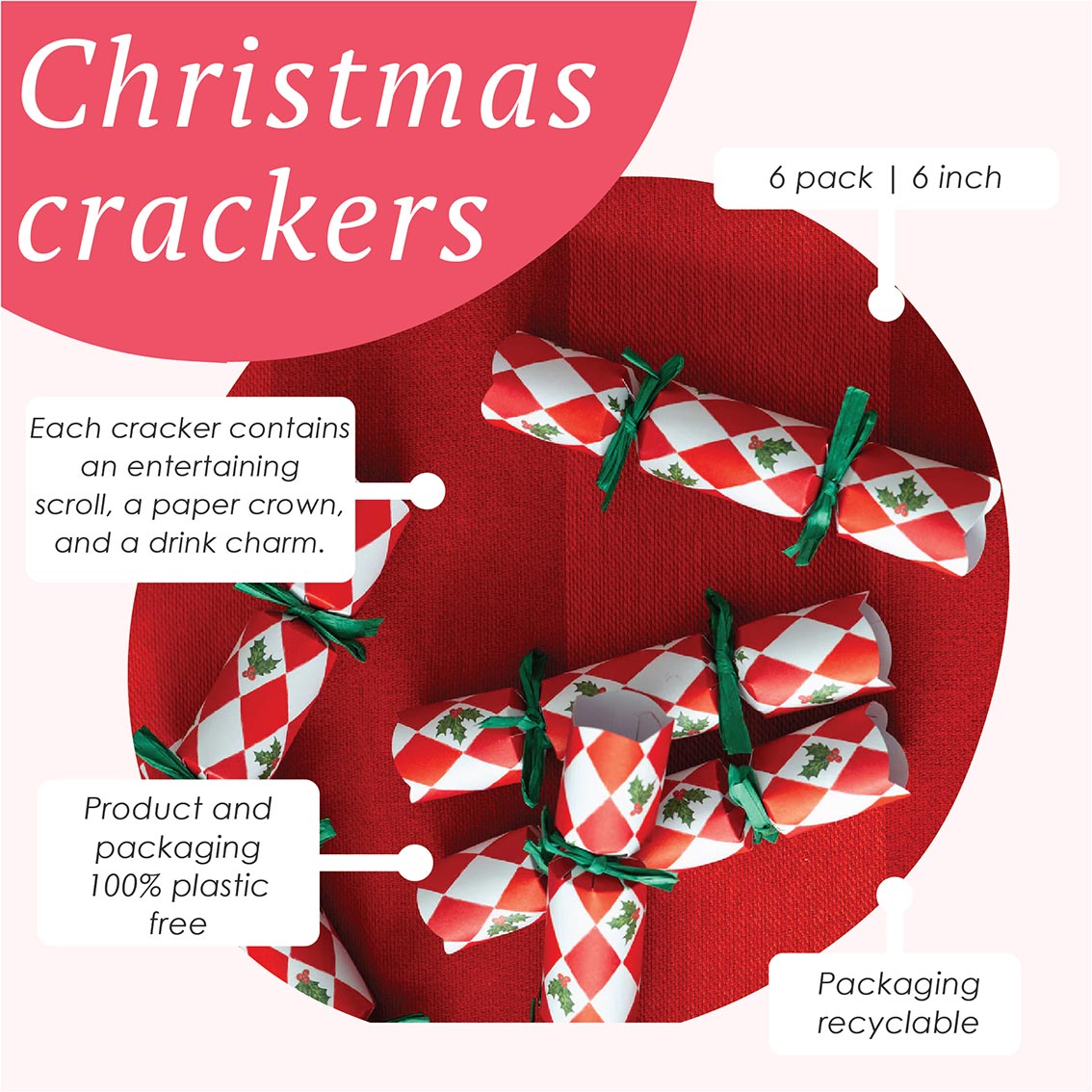 Holly Red & White Harlequin Mini Christmas Crackers - 6 Pack | Christmas Decor |