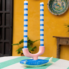 Blue & White Stripe Dinner Candles - 25 Unit Display | Outdoor Dining Decor |