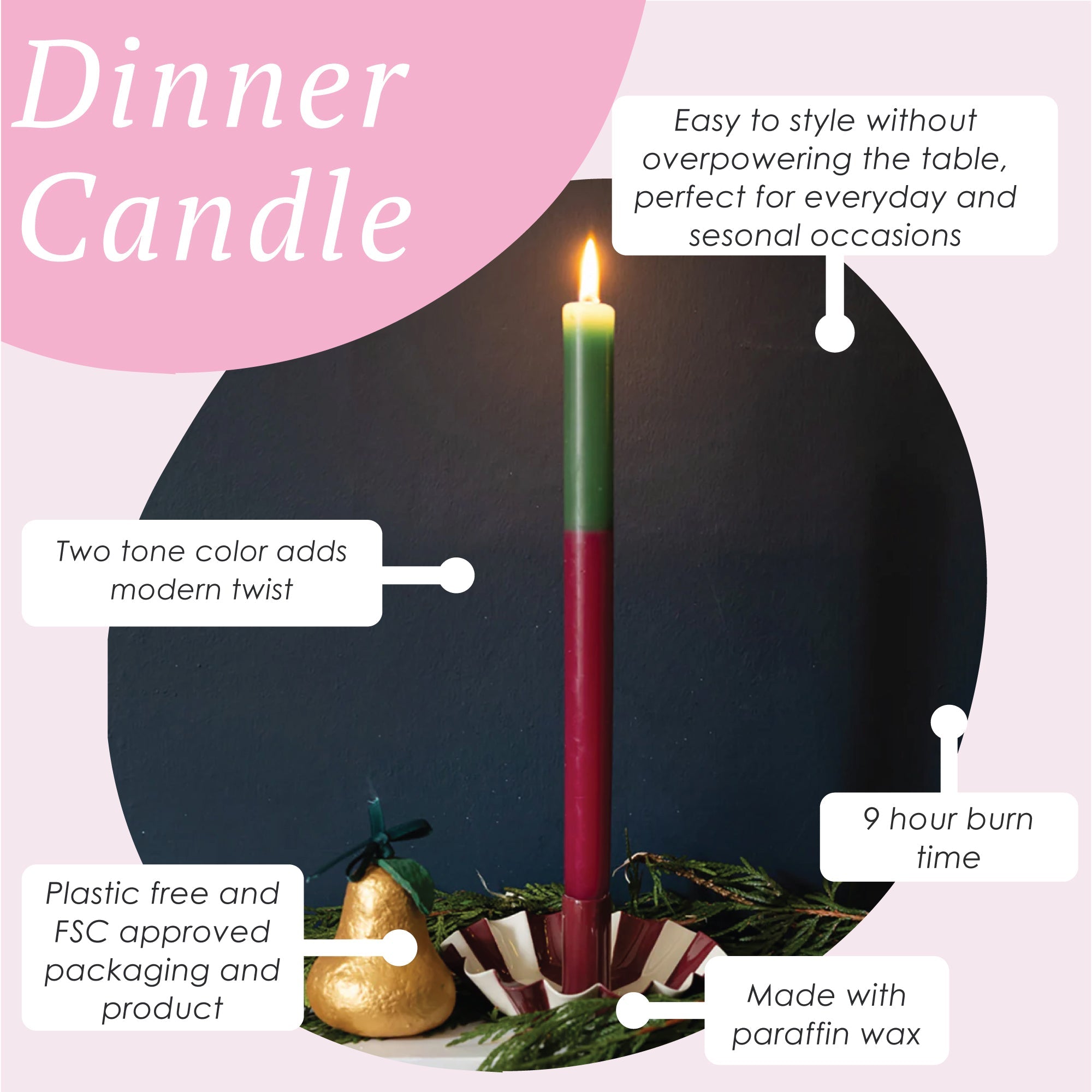 Green & Burgundy Straight Dinner Candles - 25 Unit Display | Everyday |