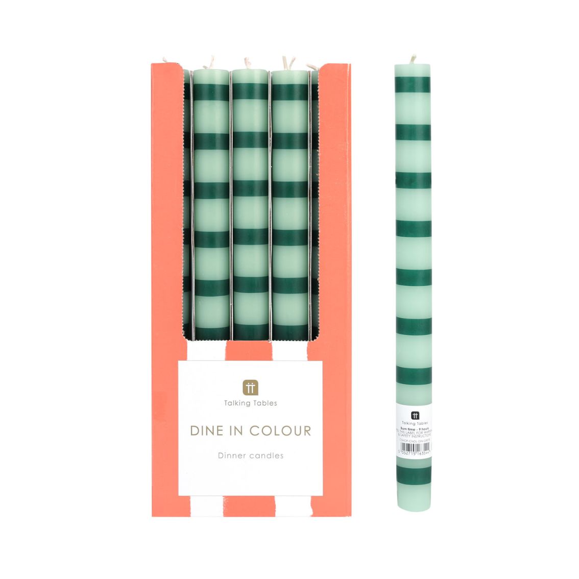 Green Stripe Straight Dinner Candles - 25 Unit Display | Outdoor Dining Decor |