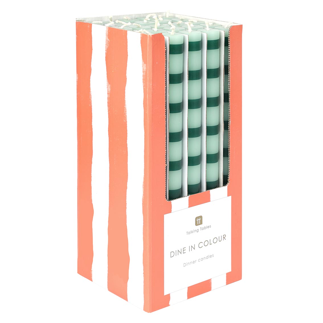 Green Stripe Straight Dinner Candles - 25 Unit Display | Outdoor Dining Decor |