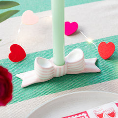 Hand-Painted Pink Bow Ceramic Candle Holder | Outdoor Dining Decor |