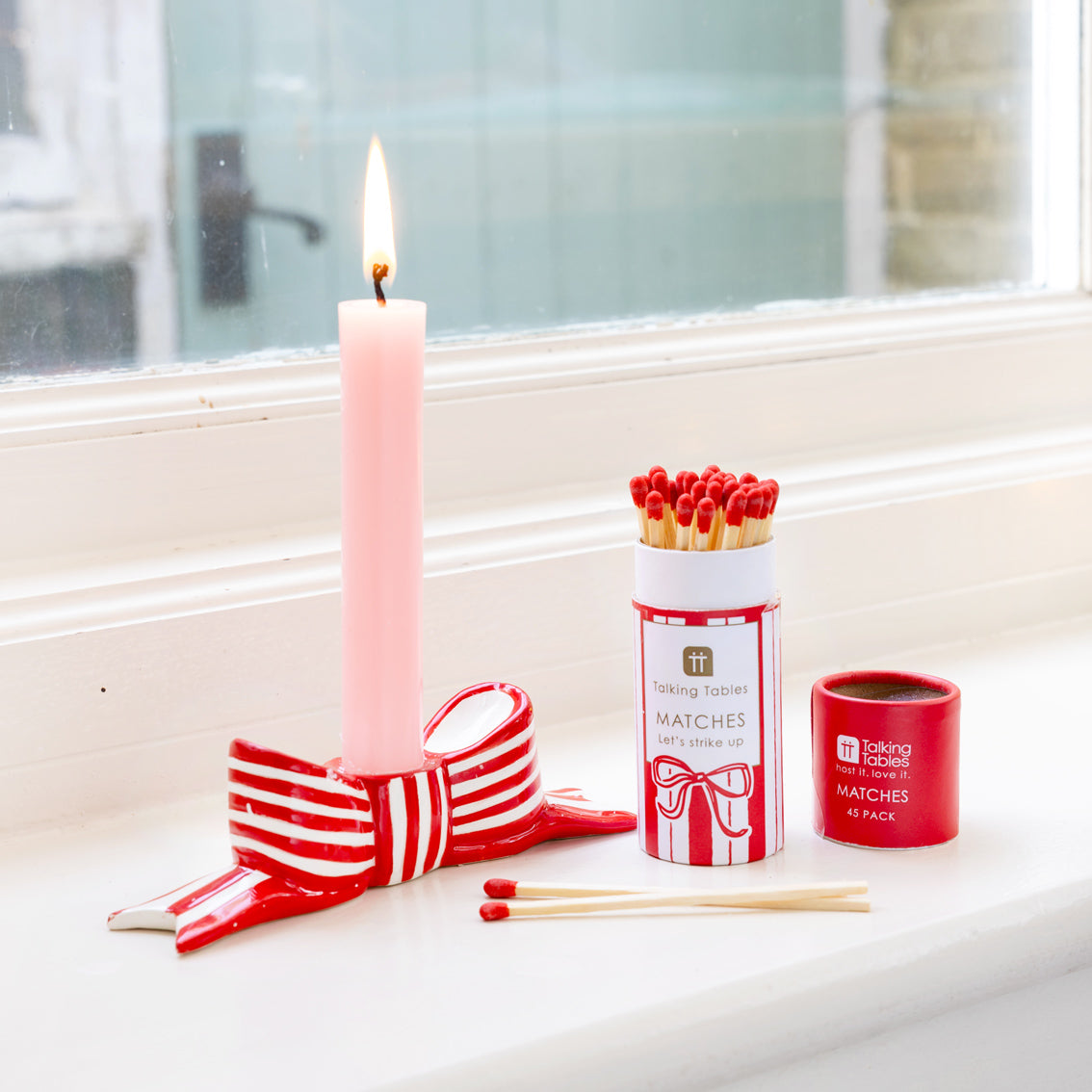 Hand-Painted Red Bow Ceramic Candle Holder | Christmas Decor |