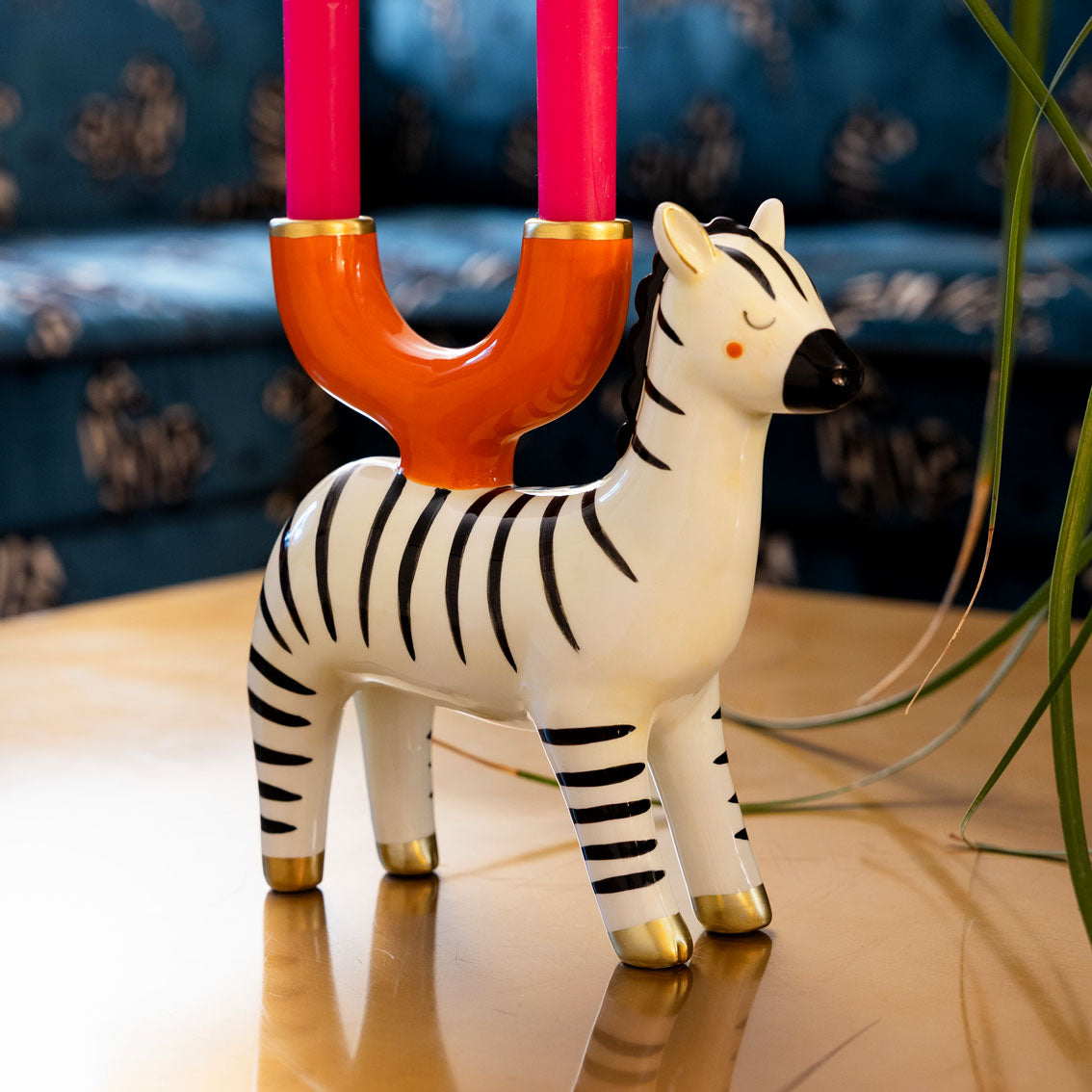 Hand-Painted Zebra Ceramic Candle Holder | Outdoor Dining Decor |