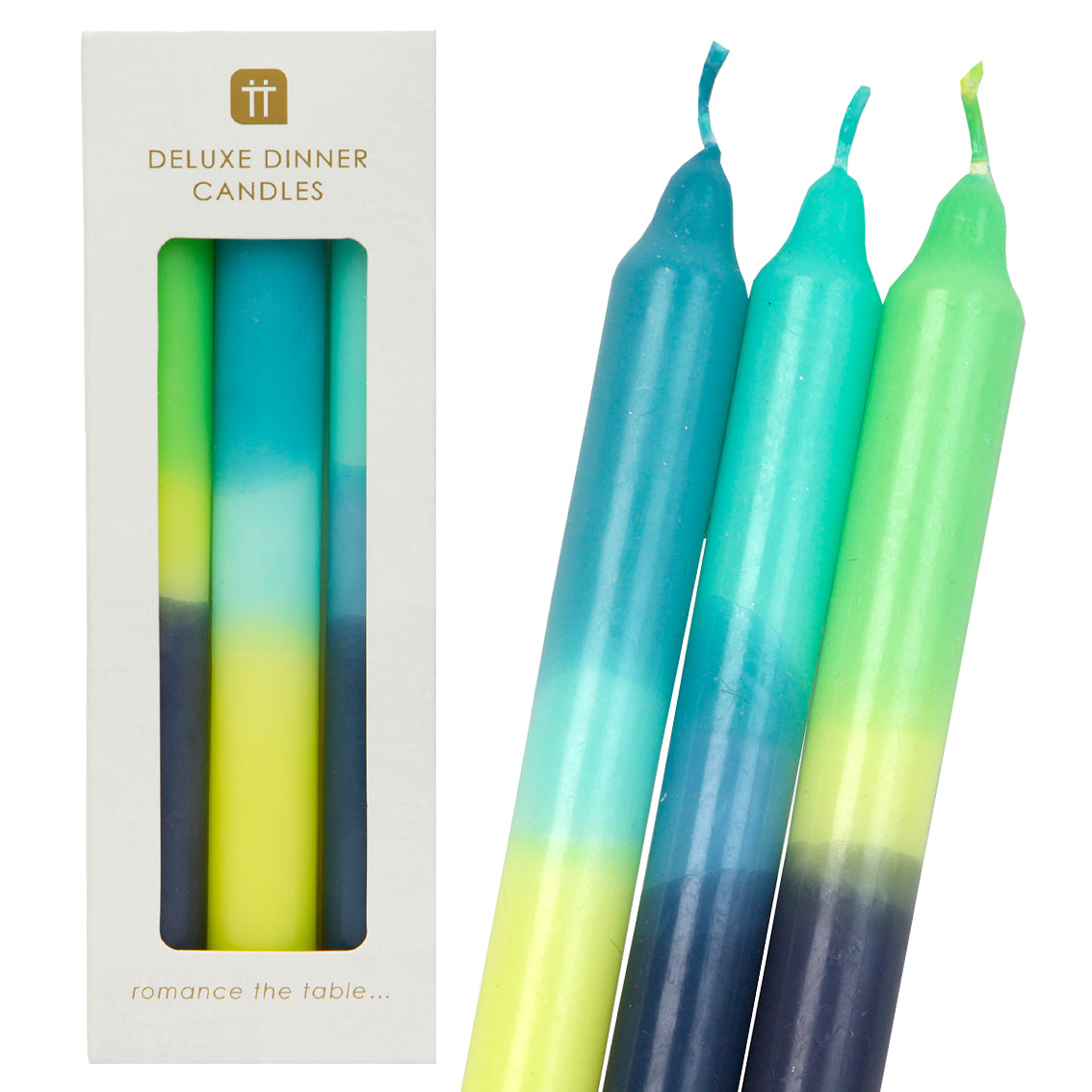 Marble 3 Tone Ombre Blue, Yellow and Green Dinner Candles - 3 Pack | Picnic Decor |