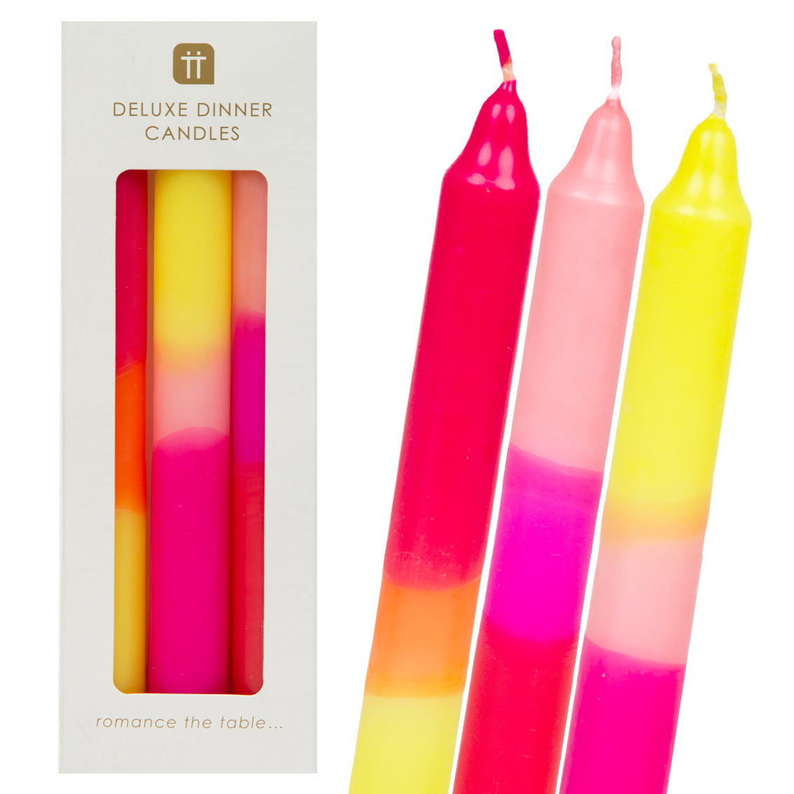 3 Tone Ombre Pink, Yellow & Orange Dinner Candles - 3 Pack | Picnic Decor |