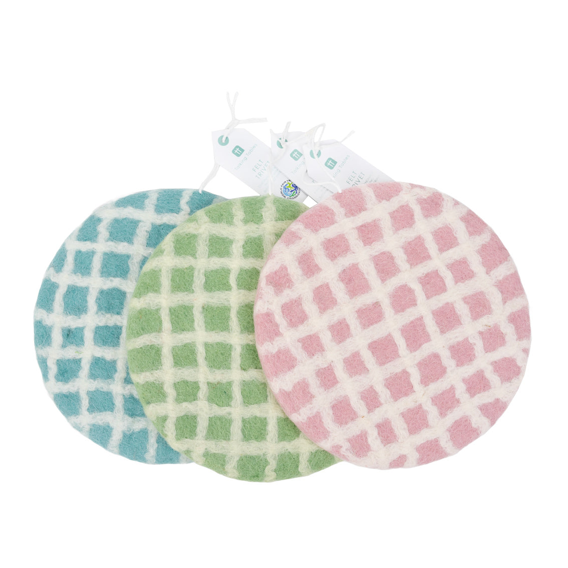 Green, Blue & Pink Checked Felt Trivets  | Summer Tableware |