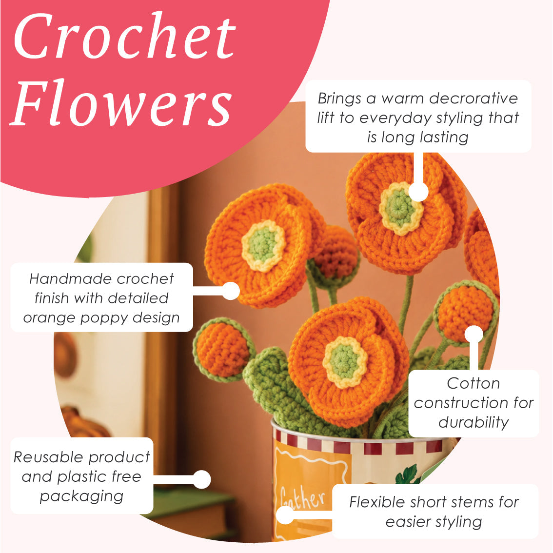 Handmade Orange Poppy Crochet Sprigs Bundle - 18cm | Home Decor |