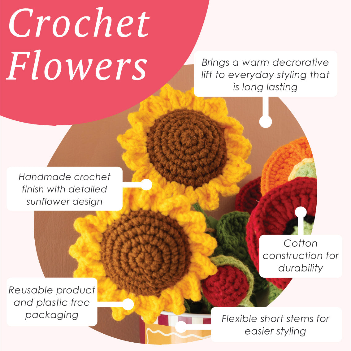 Handmade Sunflower Crochet Sprigs Bundle - 18cm | Home Decor |
