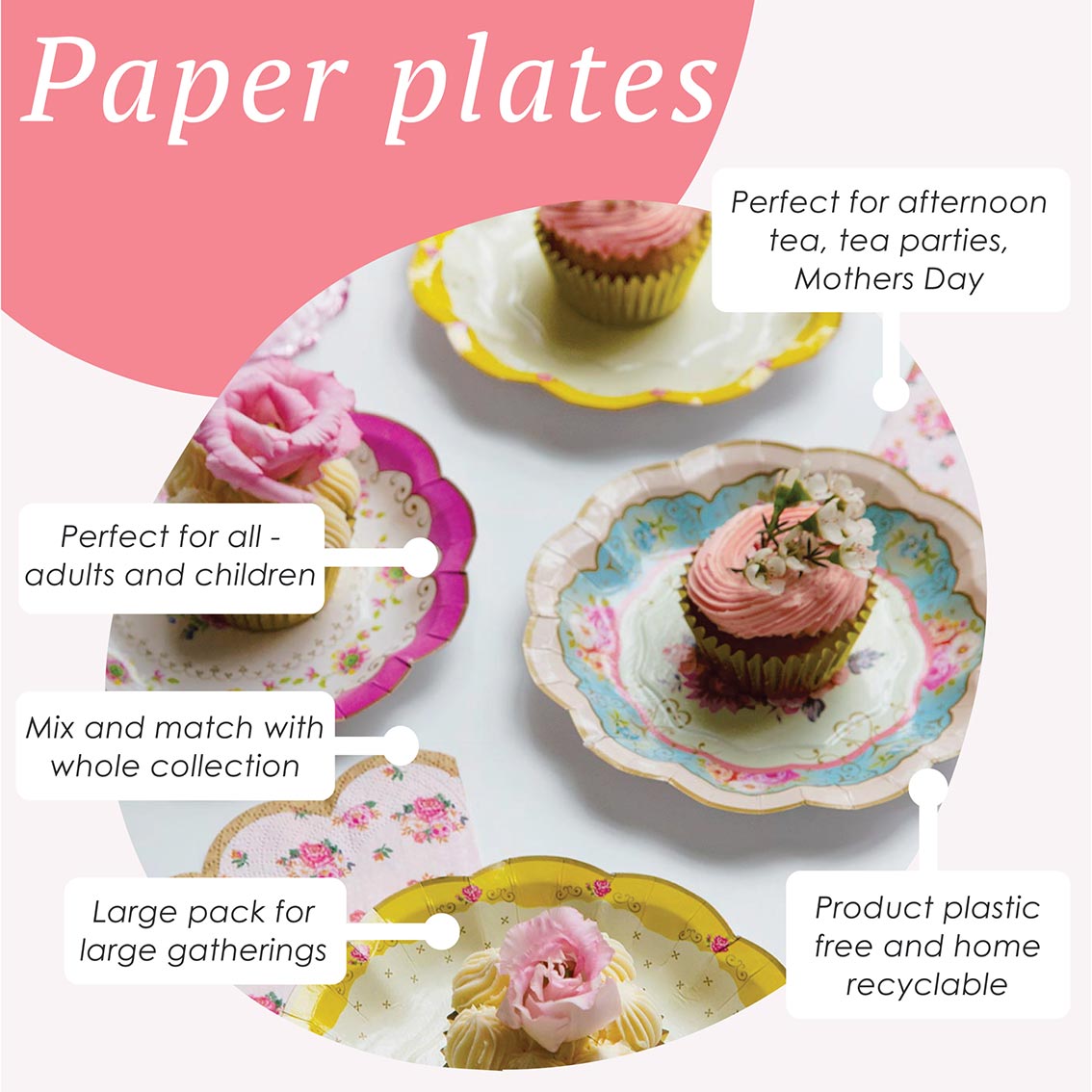 Floral Pattern Paper Plates - 24 Pack  | Tea Party Decor |