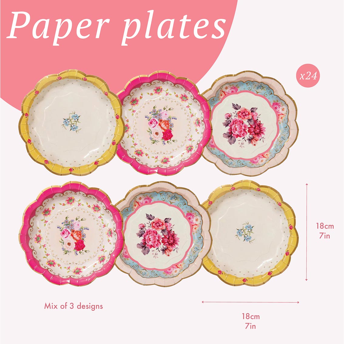 Floral Pattern Paper Plates - 24 Pack  | Tea Party Decor |