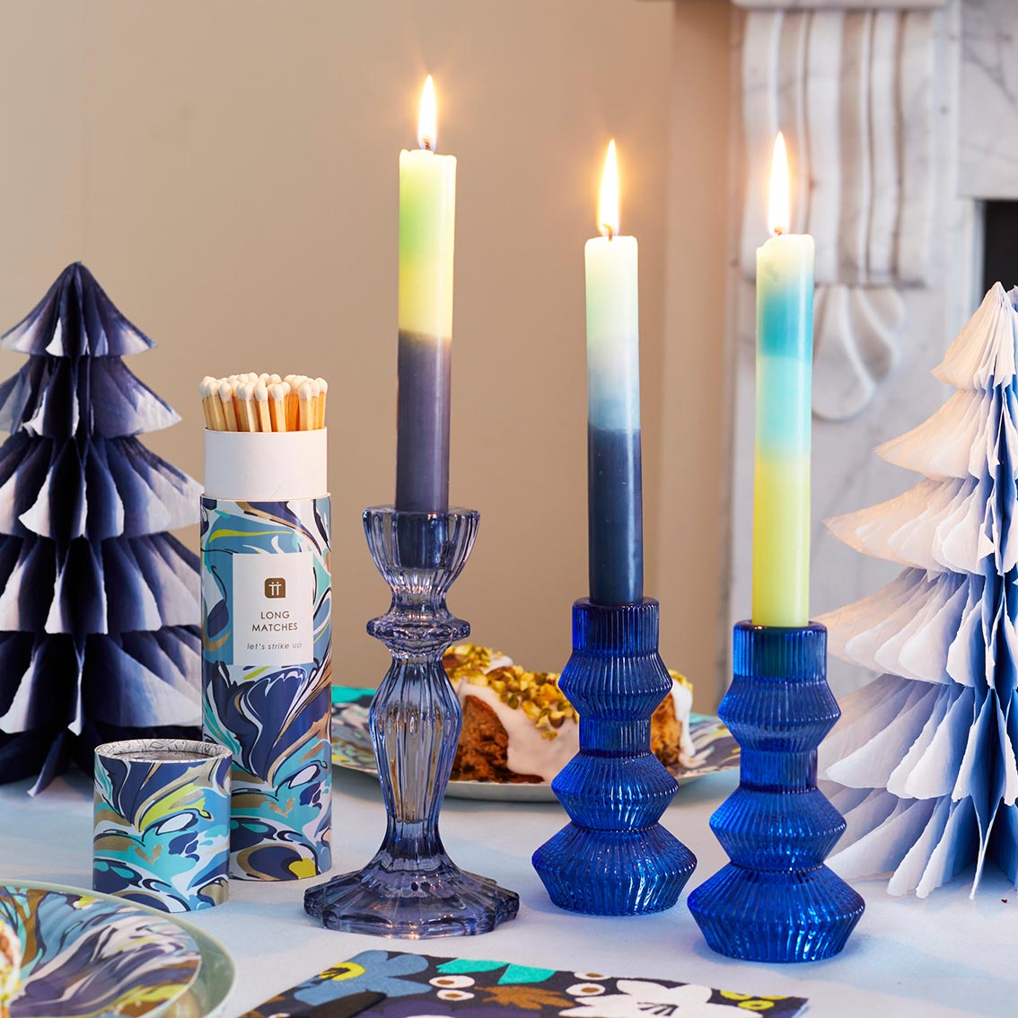 Marble 3 Tone Ombre Blue, Yellow and Green Dinner Candles - 3 Pack | Picnic Decor |